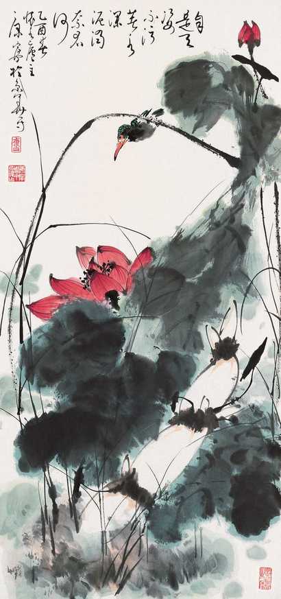 康宁 乙丑（1985年）作 荷花翠鸟 镜心